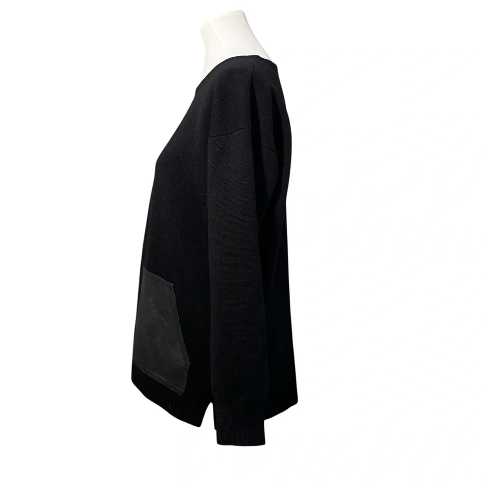 J. Crew Merino Wool Sweater Womens Medium Black Crewneck Leather Pockets